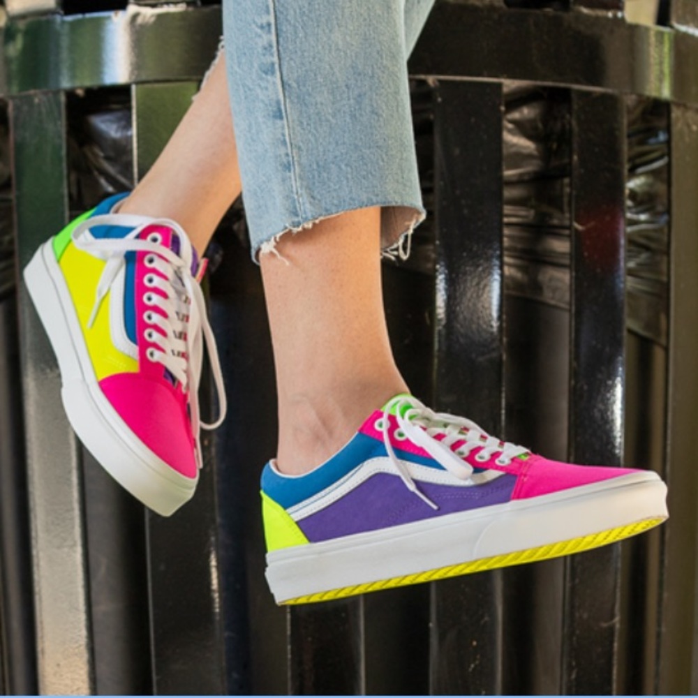3/$50 Vans Old Skool Neon Color-Block Skate Shoe - Pink / Purple / Yellow